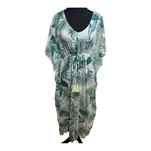 Kona Sol Tropical Palm Leaf Midi Dress Cover Up M Green Resort Vacation Tassel